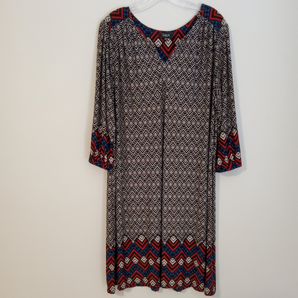 Lux II Woman Aztec Print Shift Dress Long Lantern Sleeve Notched Neckine Sz 18W